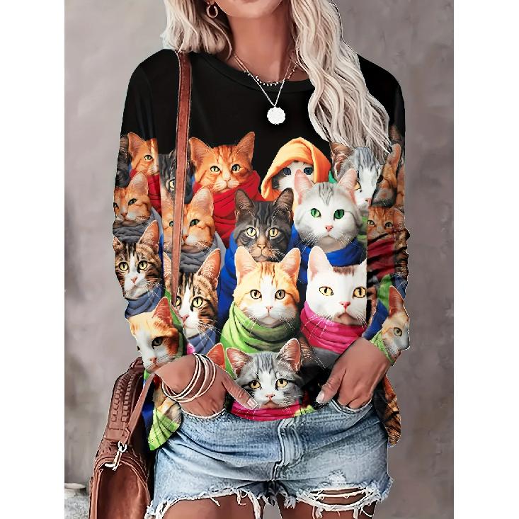 Trendy Cute Cat Flower Girl Commuting Elegant Printed Long Sleeve T-Shirt