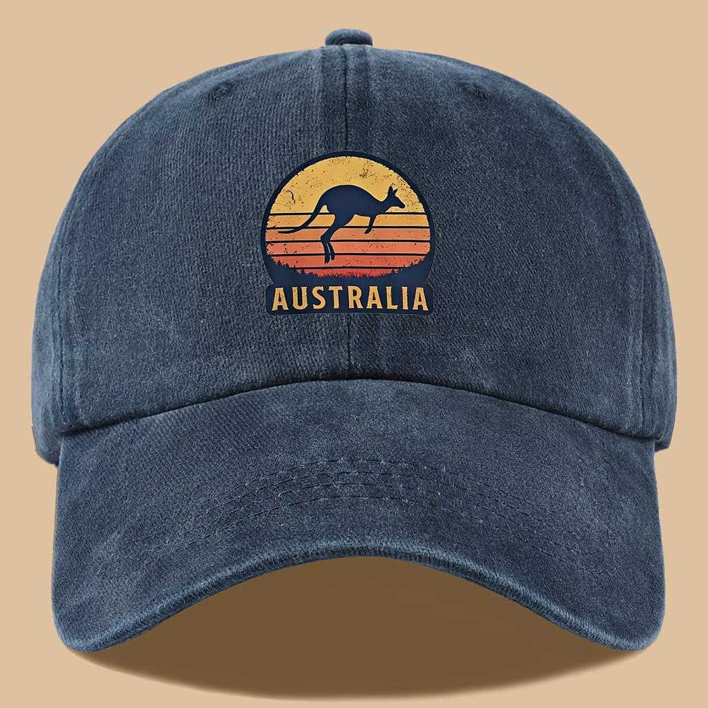 Geometrische Baseballkappe 1 Stück Verstellbar Unisex Schwarze Baseballkappe mit Känguru Australische Sonnenuntergang Geometrischer Aufdruck