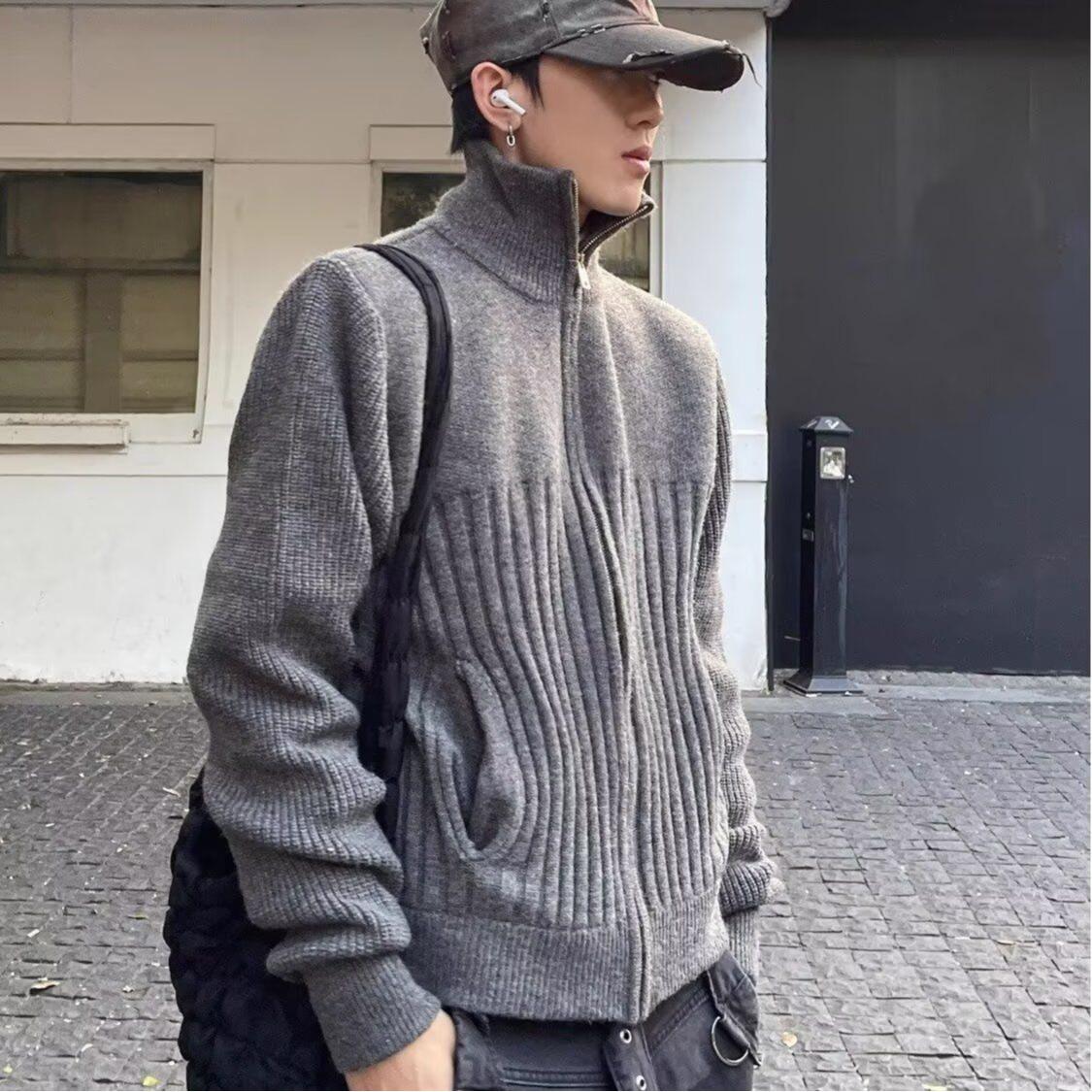

American High Neck Zipper Cardigan Men s Autumn Winter Wool Knitwear: Trendy, Thick, Casual, Couple Style Sweater Jacket Large Fit for Up to 170 Pounds сірий колір
