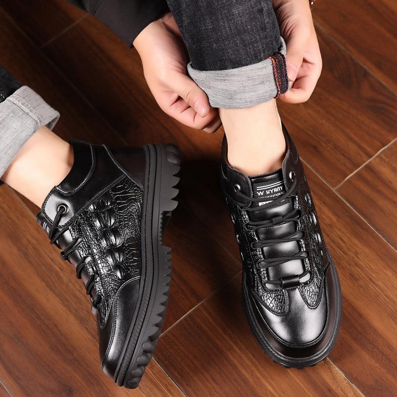 Crocodile Pattern Winter New Cotton Boots Men's Leather Lace-up Velvet Thermal Casual High-top Leather Boots