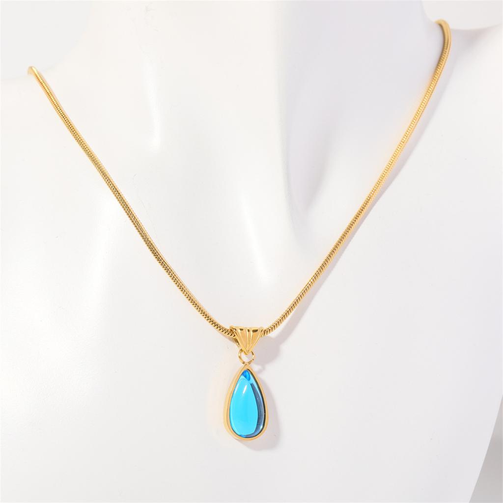 Twelve Birthday Stone Simple and Elegant Water Drop Necklace with Blue Green Ocean Pendant, Collar Chain, Titanium Steel