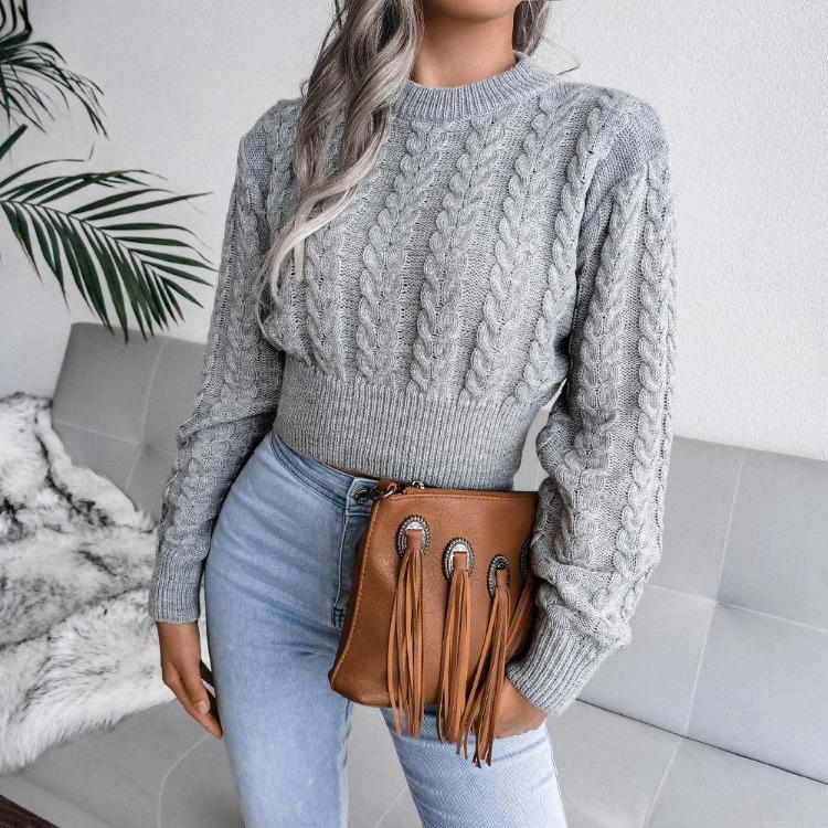 Knit Sweater Women Autumn Winter Long Sleeve Twist Neck S-XXL Crop