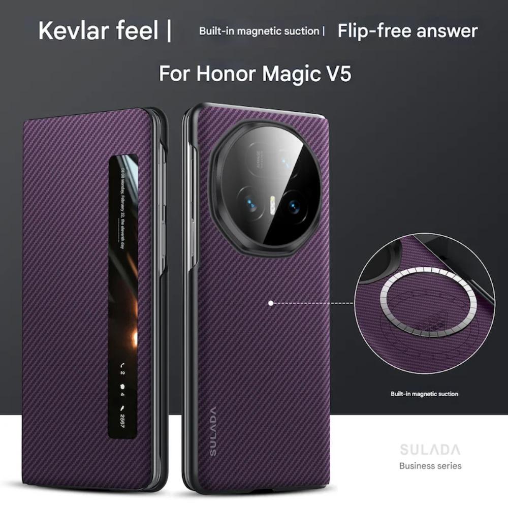 Wysokiej klasy etui na telefon z włókna węglowego Kevlar o fakturze skóry Magsafe dla Honor Magic V5 V3 Inteligentny sen Bezprzewodowe ładowanie Odporny na wstrząsy pokrowiec