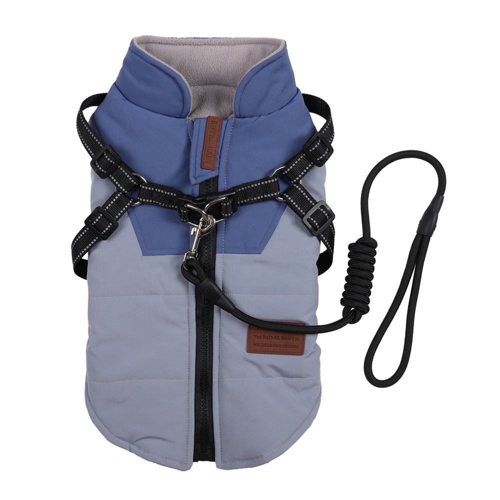 

Осенне-зимняя куртка для питомца с поводком, теплая одежда для питомца, уличная водонепроницаемая ветрозащитная куртка-пальто для маленьких, средних и крупных собак S синий