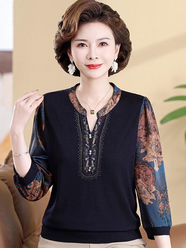 

Stylish Autumn Knit Top for Middle-Aged Women: Long-Sleeved, Lightweight T-Shirt M (85-105 jin) синий