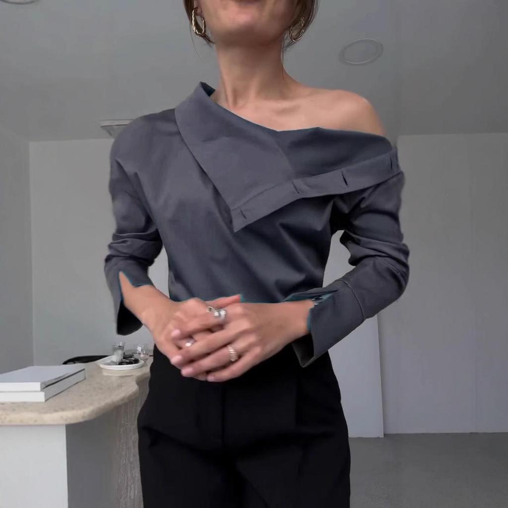 2025 Europeisk & Amerikansk Mode Off-Shoulder Hög Hals Enfärgad Dam Skjorta