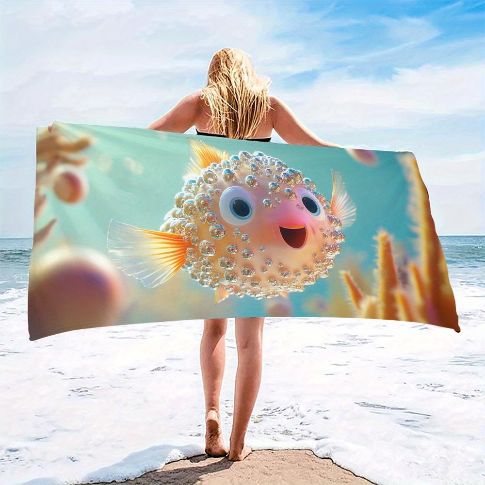 1pc Cute Pufferfish Beach Towel Cartoon Fish Print Ocean Animal Design Quick Dry Soft Microfiber Bath Towel For Kids Gift