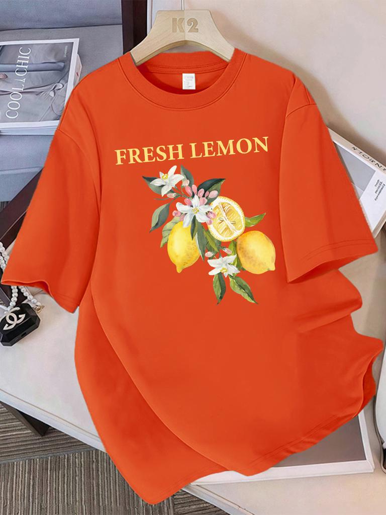 100 Cotton Summer TShirts Womens Fresh Lemon Flowers Printing Tops Comfortable Soft ONeck Short Sleeve Casual Womans Clothes