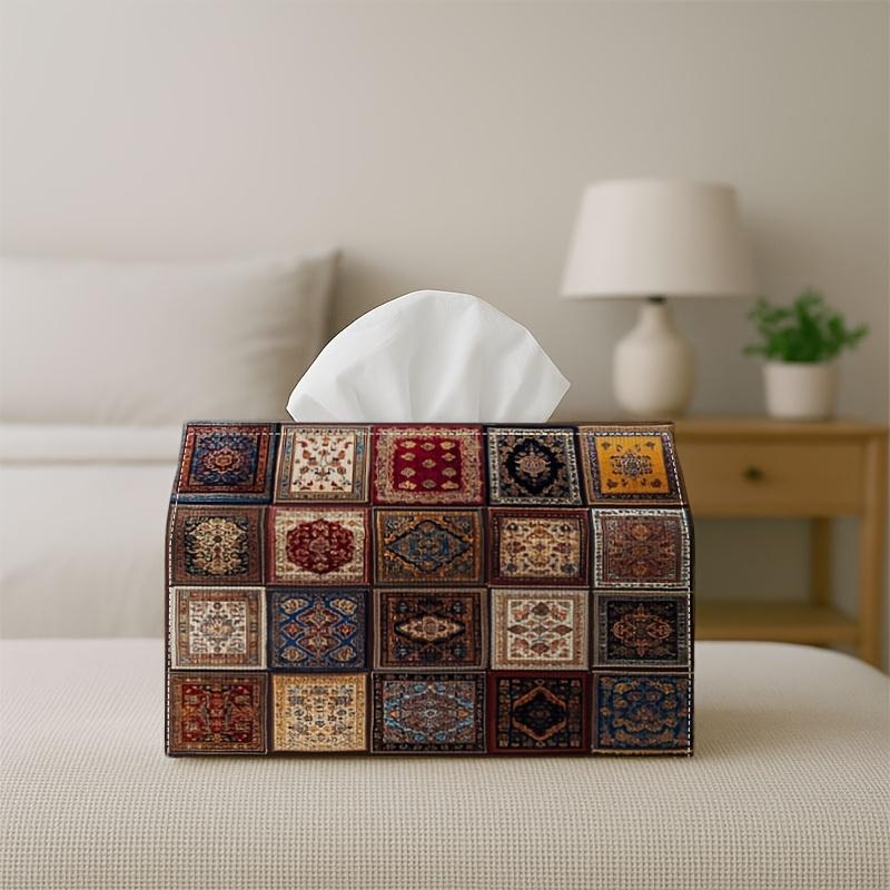 2D Flat,1pc Vintage Oriental Tissue Box Cover with Ornate Medallion Patchwork Lid - Waterproof Foldable Toilet Paper Holder Cover, Suitable for Living