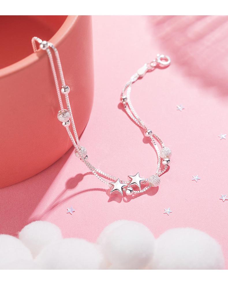 S925 Silver Double-Layer Star Frosted Bead Bracelet for Women - Simple Jewelry Gift for Christmas or Valentine's Day