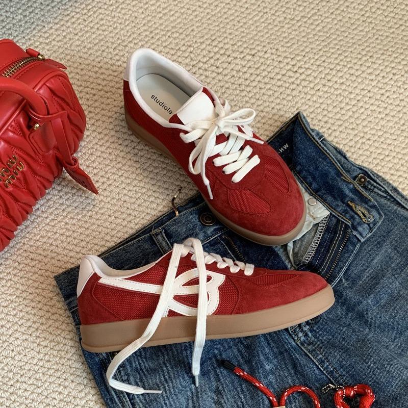 Version leather retro breathable round head lace-up thick sole heightening lightweight board shoes women