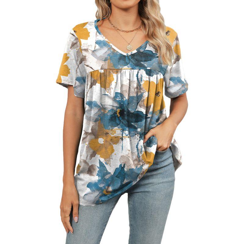 Short-Sleeve V-neck Short-Sleeve Top European and American Flower Short sleeve T-shirt Top Women