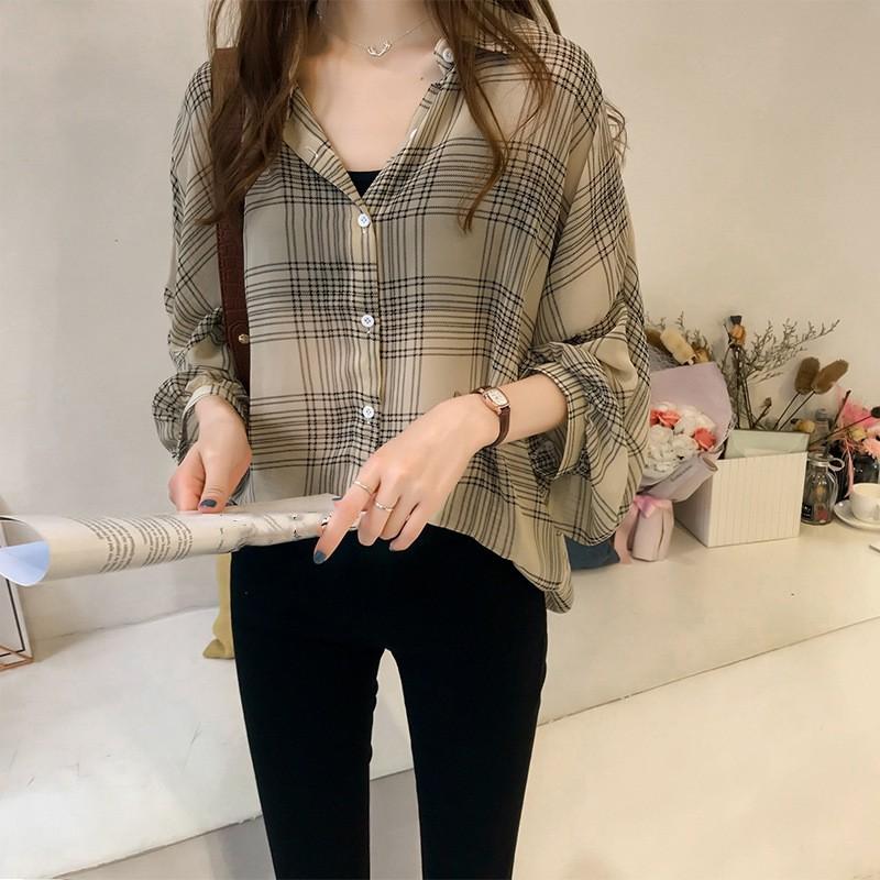 Women's Spring and Summer Plaid Shirt Long Sleeve Lapel Thin Commuter Jacket