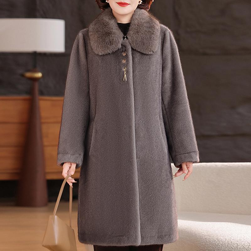 Zimní dlouhý kabát z umělé kožešiny pro ženy Hřejivý hustý luxusní svrchník Elegantní bunda z kožešiny pro ženu středního věku
