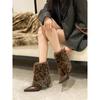 Women's 2025 Autumn/Winter Leopard Print High Heel Ankle Boots with Rabbit Fur