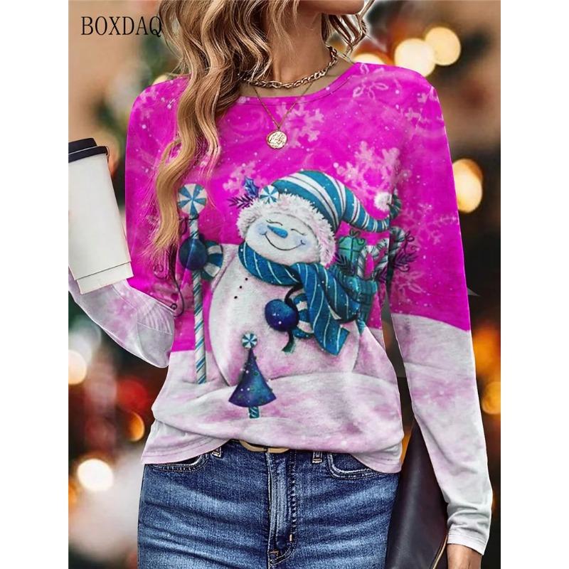 Long Sleeve Christmas Snowman Pattern Women T-Shirts Autumn Winter 3d Print