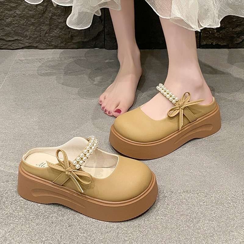 

Fairy wind bag head half slippers female summer wear 2025 new pearl bow thick bottom lazy cool slippers 40