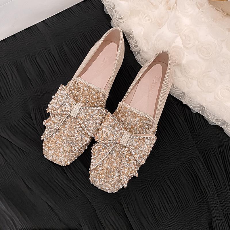 

New Fashion Women Flat Shoes Beautiful Crystal Bowknot Boat Shoes Slip-on Loafers 34 хаки