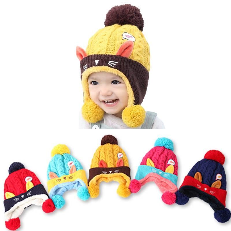 Cozy Baby Knitted Hat For Winter With Cute Cat Design Thickened Plush Ears Suitable For Boys And Girls Aged 5 To 24 Months Available In Red Yellow