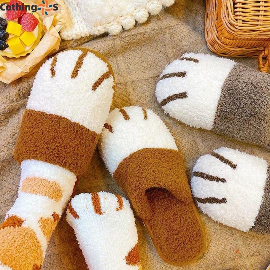 Pantofole di Cotone Casa Cartone Animato Carino Zampa di Gatto Peluche Pelliccia Scarpe Coppia Calde da Interno Pantofole a Fondo Morbido