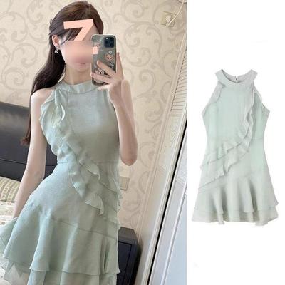 Estilo puro deseo premium vestido de hija tailandesa con volantes en el cuello y borde de hoja falda de cintura francesa de verano para mujer