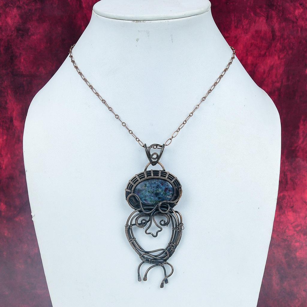 Ruby In Blue Kyanite Gemstone Pendant Copper Wire Wrapped Handmade Pendant