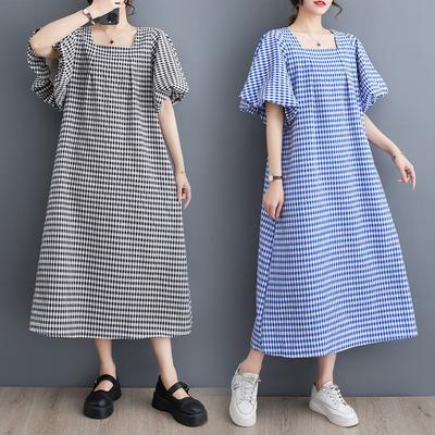 Real Shot Summer New Literary Loose Cotton and Linen Plaid Square Neck Short-sleeved Dress Women's Medium and Long