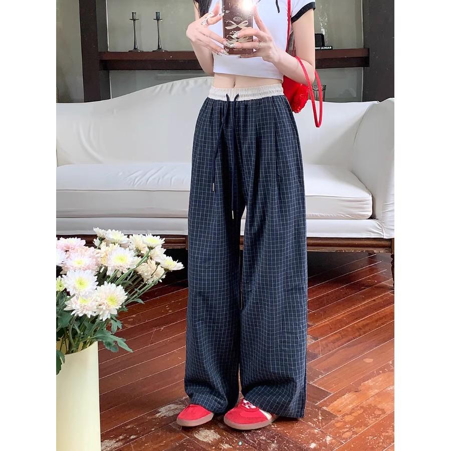 2025 Women's Retro Plaid High-Waist Wide-Leg Pants: Spring/Summer Casual, Versatile, Loose Fit, Floor-Length Trousers