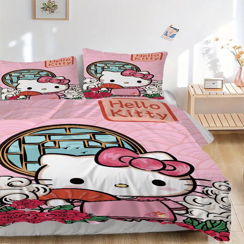 

3 шт. Постельное белье в древнем стиле с рисунком Hello Kitty, комплект из трех предметов (1 Наволочка + 2 Наволочки, Без Наполнителей), Мягкий и удобный W004 135x200cm