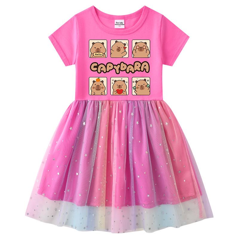 Korean Style Girls' Dress - Stars & Rainbow Sequin Mesh, Short & Long Sleeve Options, Perfect for Spring, Summer, and Autumn
