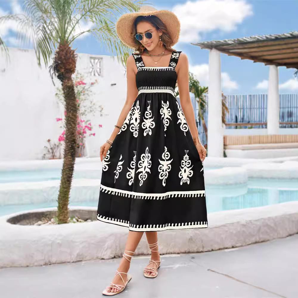 Women's skirt new elegant commuter beach vacation style contrasting color printing chest wrap dress strap skirt
