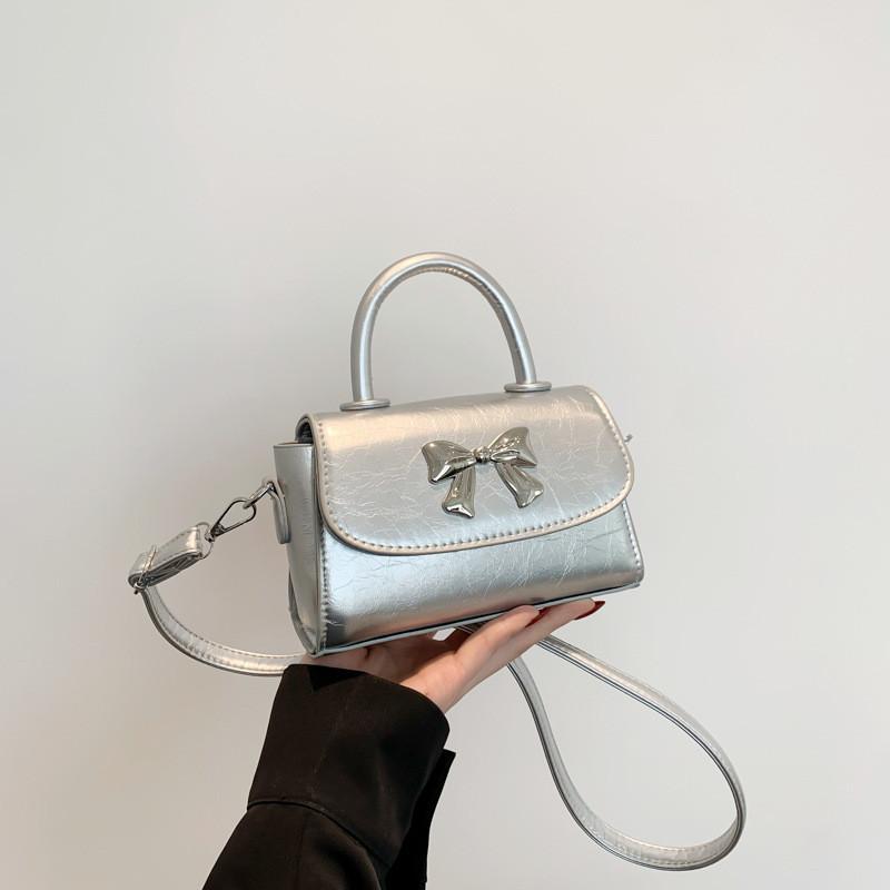 Trendy Bowknot Crossbody Bag For Women 2024 New Stylish Fashion Pu Leather Small Square Bag серебряный