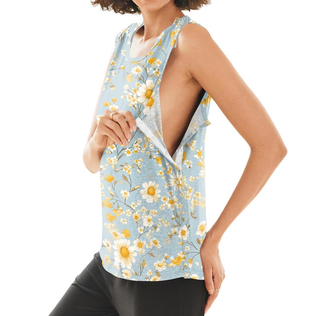 Women Shoulder Surgery Shirt Sleeveless Floral Print Top with Snap Buttons and Tear-Away Design Medical Recovery Apparel