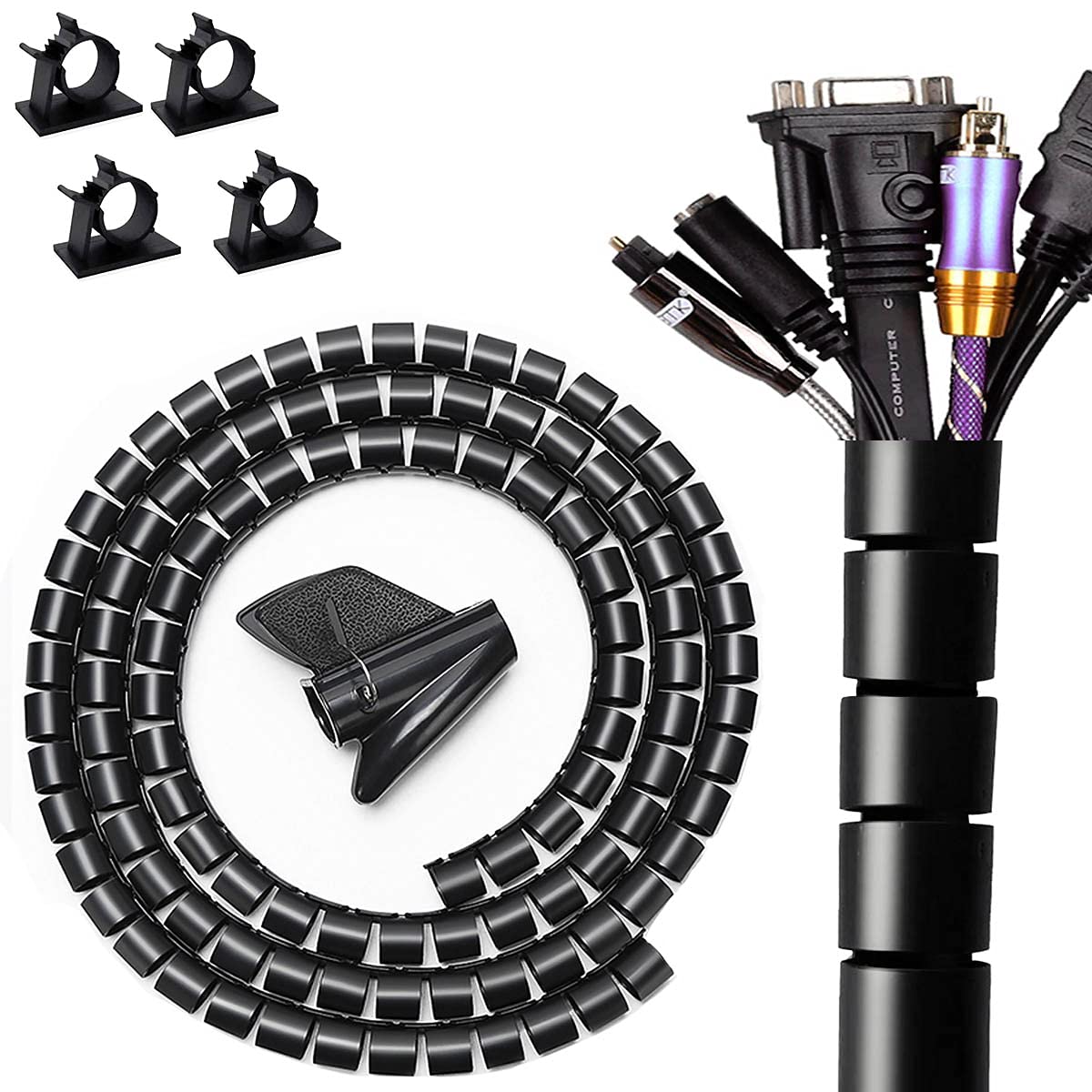

28mm Large Inner Diameter Cord Pet Chewing Power Cable Wire Spiral 2 Pieces 4 Cable Clips for Electrical LAN Extension Fixing to Walls and Preventing чёрный