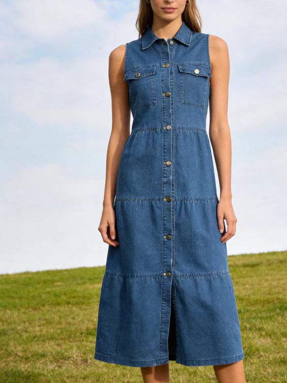 Women's European & American Sleeveless Denim Dress - Spring/Summer Fashion, Slimming, Single-Breasted
