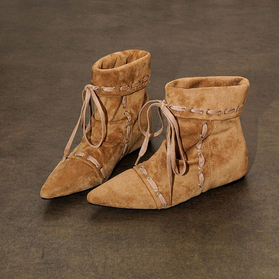 

2025 new temperament retro style versatile pointed western boots women s rivets fringed medium boots suede strap short boots 40