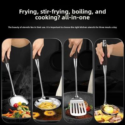 Stainless Steel Kitchen Utensil Set Long Anti Scald Slotted Turner Wooden Handle Professional Stainless Steel Spatula Chef Use