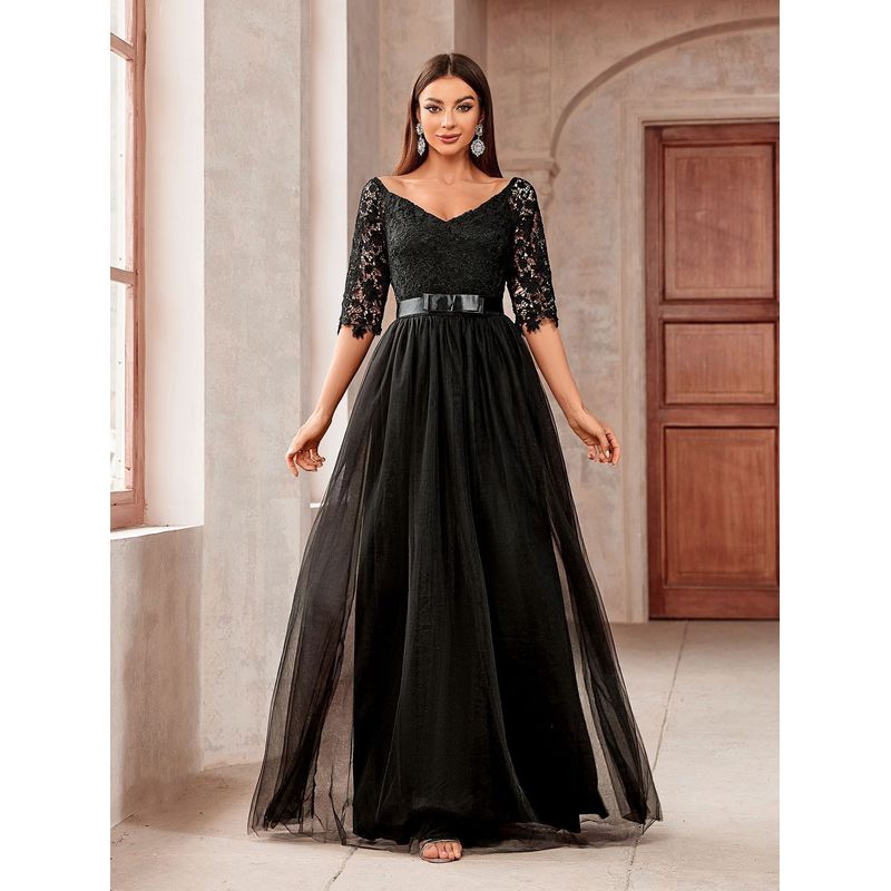 

New Long dress Patchwork Big Hemline European and American V-neck Evening Dress 2025 Lace Strapless Princess Formal Dress Black XL