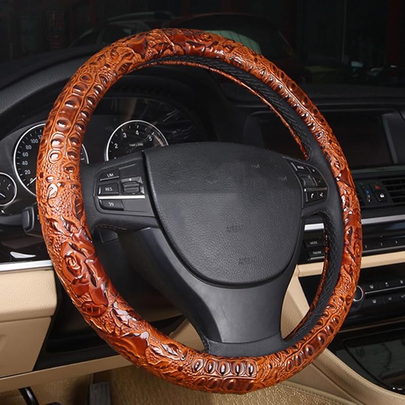 Follicomfy Кожаная Автомобильная Накидка на Руль, Противоскользящая Универсальная 15 Дюймов, Коричневый Крокодил с Розовой Текстурой : Автомобильная промышленность коричневый