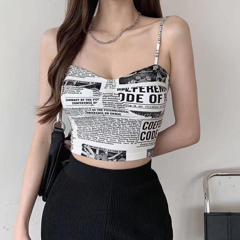 Women Push Up Camisole Padded Bra Sexy Top Suspender Tanks Fashion Printed Newspaper Female Soft Sleeveless Tube Tops