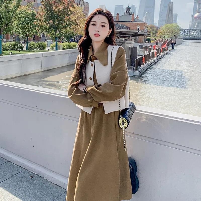 Women's Spring 2024 Long Sleeve Shirt Dress with Fashionable Vest - Two-Piece Set