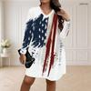 Women Plus Size V Neck Long Sleeve American Flag Printed Loose Curved Hem Dress