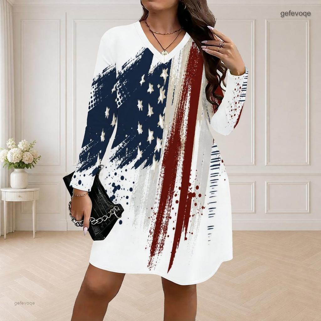 Women Plus Size V Neck Long Sleeve American Flag Printed Loose Curved Hem Dress