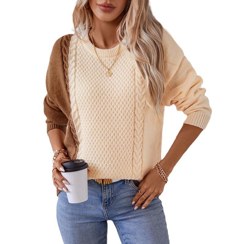 Women's Crewneck Pullover Sweater Fall Winter Long Sleeve Casual Ribbed Knitted Colorblock Jumper Tops Soft Warm Woven Sweater for Female