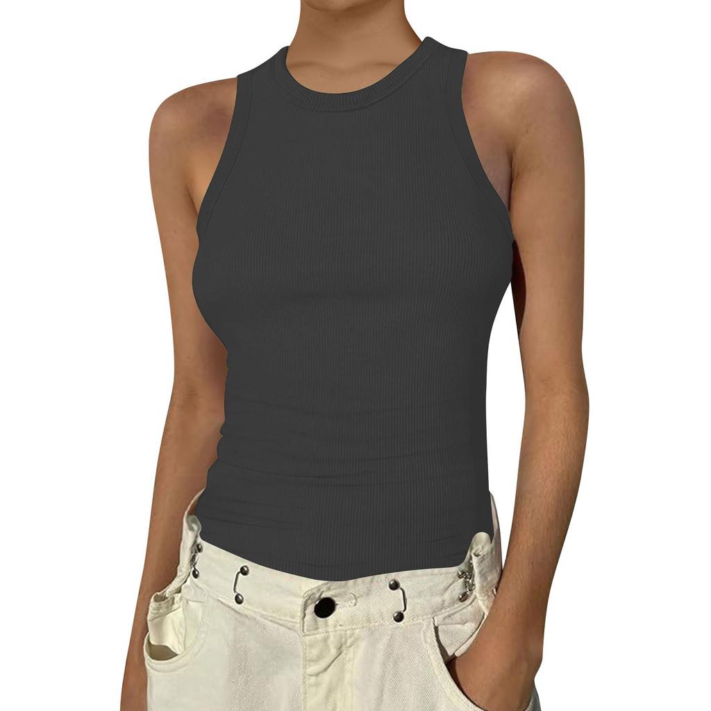 Women's Summer Fashion Casual Color Round Neck Sleeveless Top Tight Tank Top