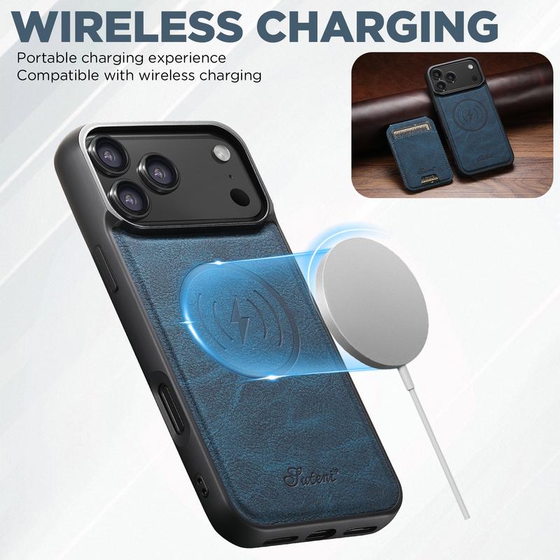 SUTENI Wireless Charging Phone Case Magnet Card Holder Stand Faux Leather For iPhone 17 Pro Max 16 Plus 15 14 13 12