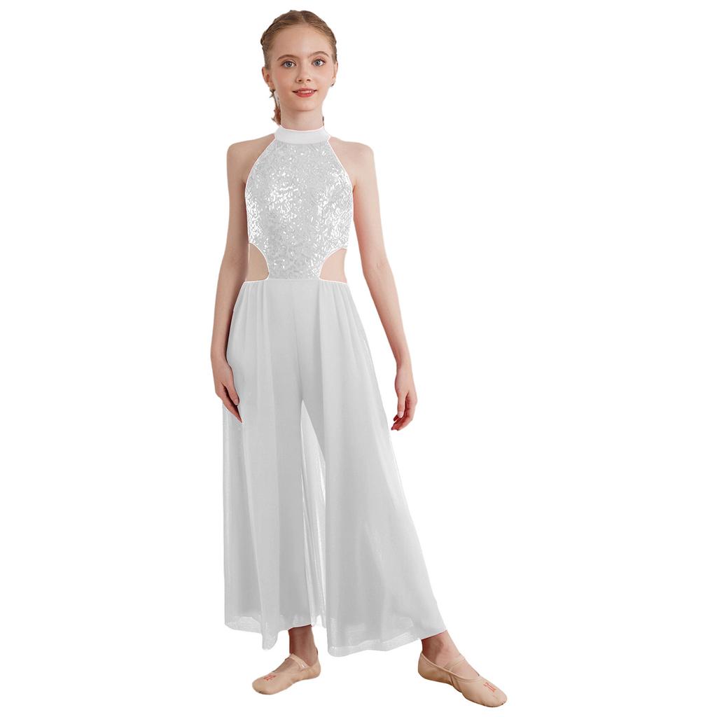 Costum Latino All-in-One pentru Copii: Salopetă Top Halter cu Paiete Strălucitoare, Fără Mâneci Decupată pe Spate cu Fustă de Practică Integrată