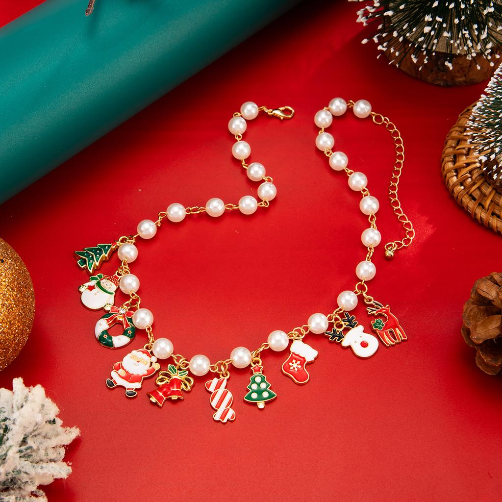 Creative Gifts Santa Pendant Holiday Necklace, Christmas Tree Imitation Pearl Chain Necklace