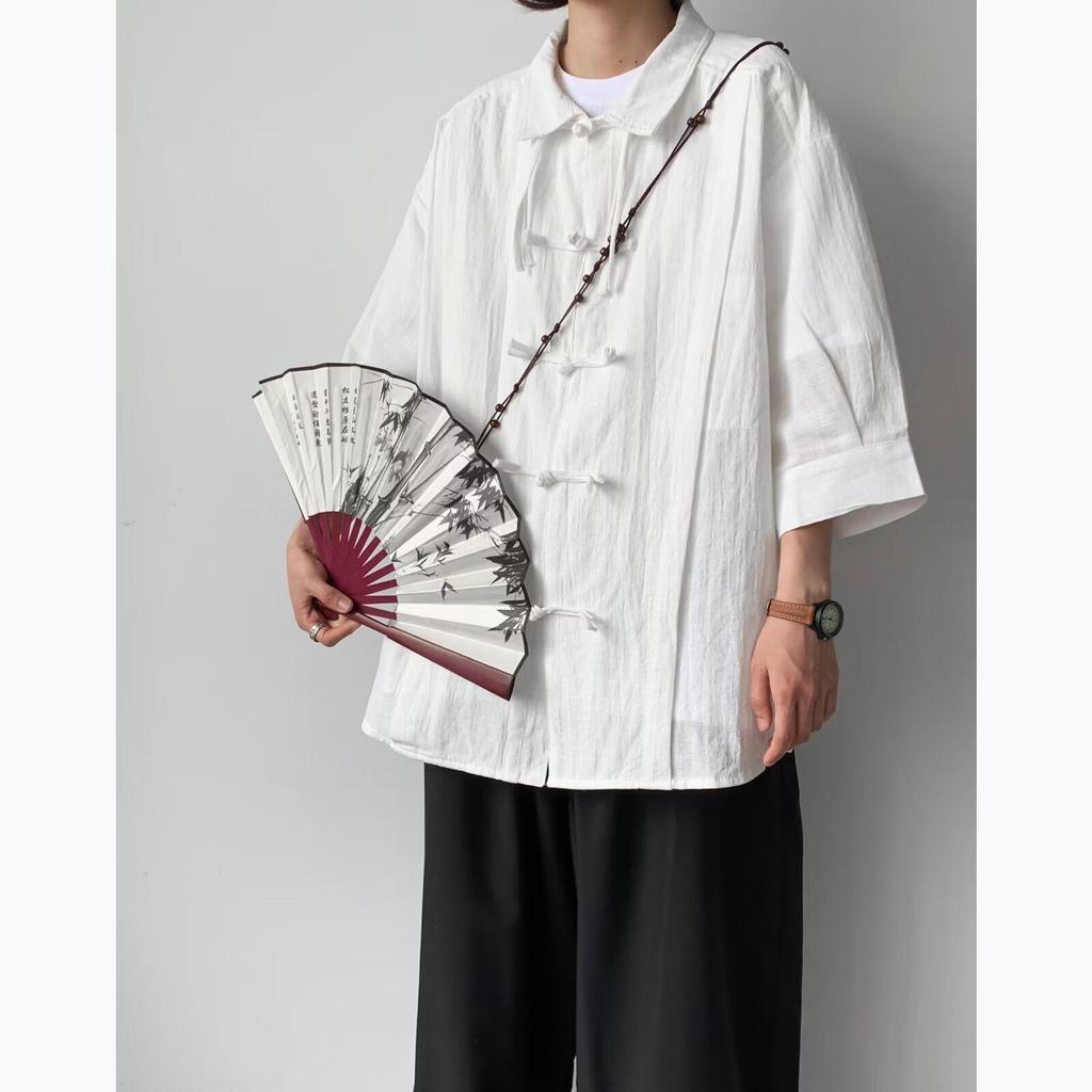 Kids' Summer Retro Tang Suit: Loose Short-Sleeve Cotton & Linen Shirt