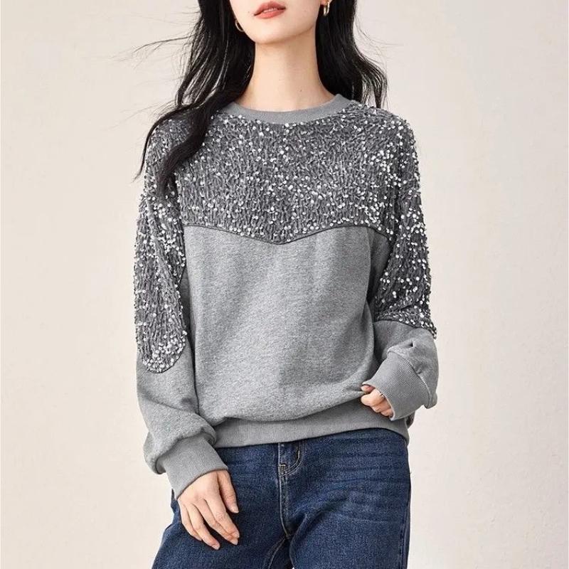 Korean Version Spring Autumn New Style Fashionable Crew Neck Sequin Patchwork Sweatshirt Long Sleeve Unique Pullover Top